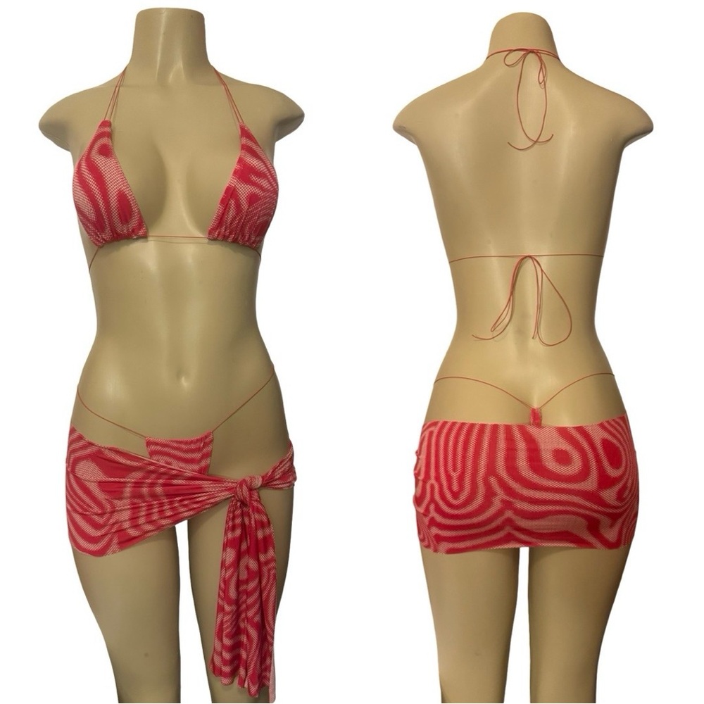 Pink Patterned Triangle Bikini Set with Matching Sarong